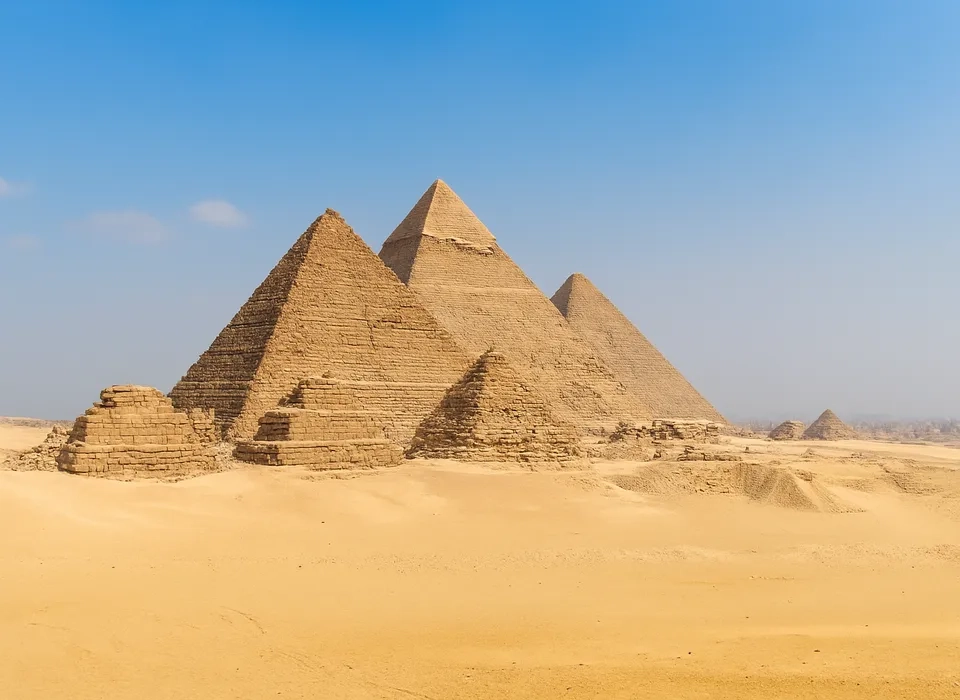 Panoramic view of the Pyramids of Giza with blue sky in Egypt
